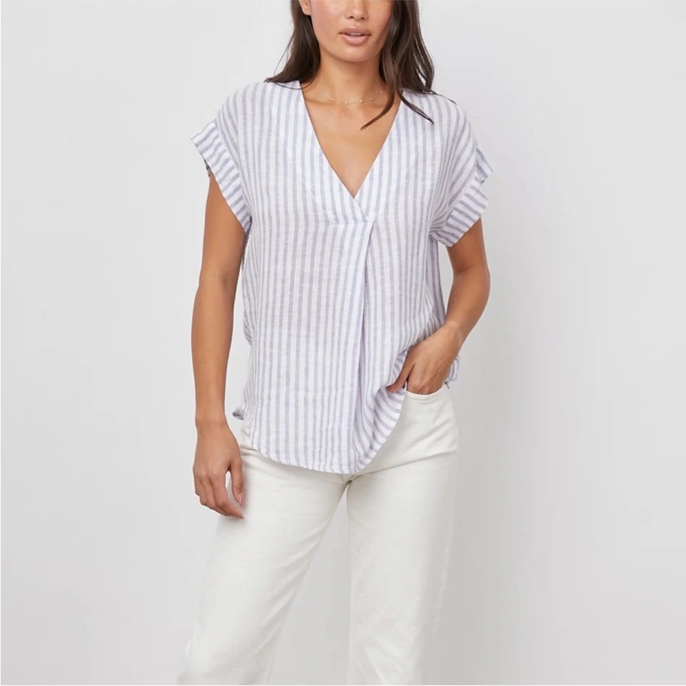Rails White and Light Blue Striped V-Neck Cap Sleeve Blouse